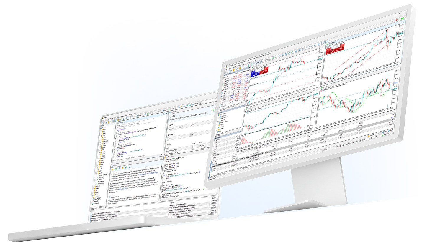 MetaTrader 5 桌面端界面：图表、报价与交易面板